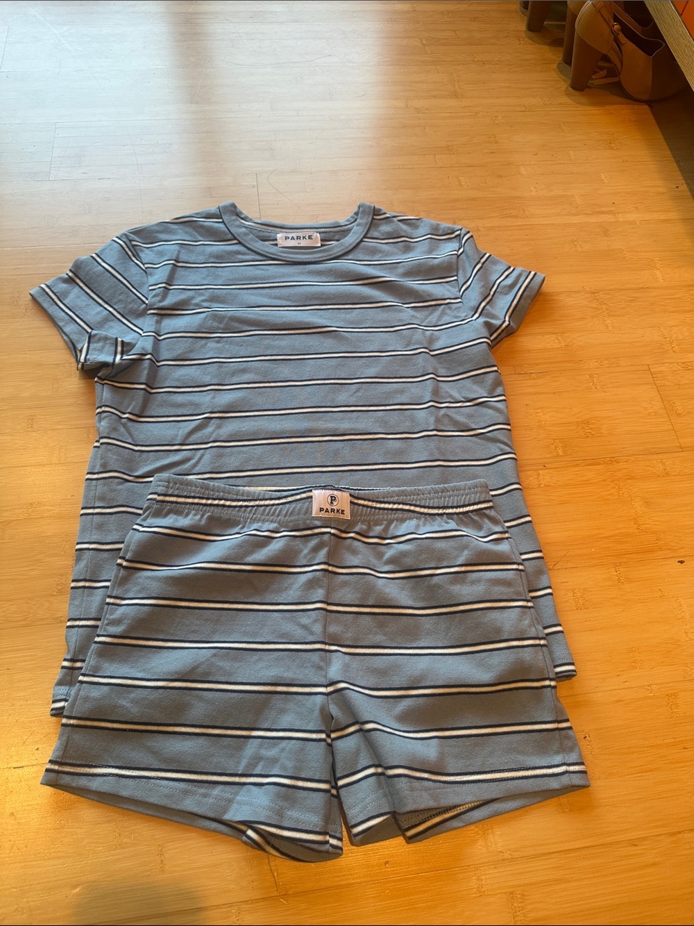 Parke Light Blue & Navy Striped Knit Tee and Shorts Set